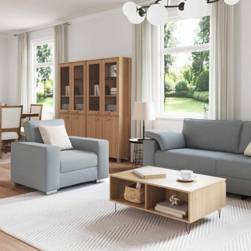 Диван 3 pcs Светлосиво Ленена смесена тъкан