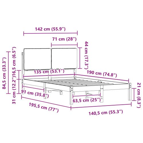 Леглова рамка с тапицирана гръбна част Светлосиво 135 x 190 cm