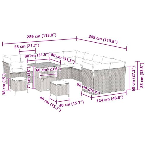 Градински Софа Комплект с възглавница 13 pcs Сив полиратан
