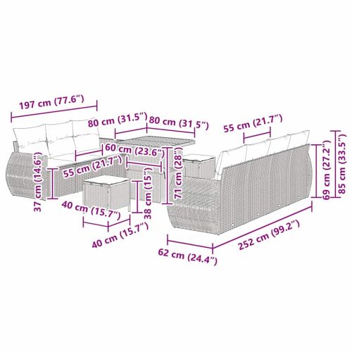 Градински Софа Комплект с възглавница 10 pcs Сив полиратан