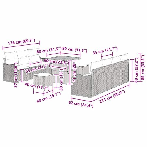 Градински Софа Комплект 10 pcs Сив полиратан