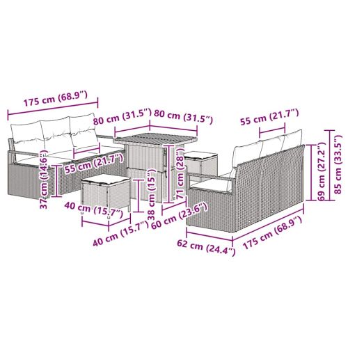 Градински Софа Комплект с възглавница 9 pcs Сив Полиратан