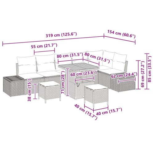 Градински Софа Комплект с възглавница 9 pcs Сив Полиратан