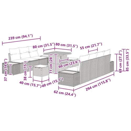 Градински Софа Комплект с възглавница 10 pcs Сив Полиратан