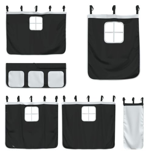 Двуетажно легло със завеси, бяло и черно, 90x200 см, бор масив