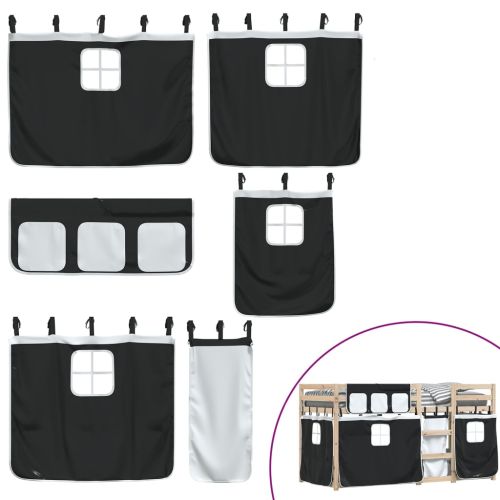 Двуетажно легло със завеси, бяло и черно, 90x200 см, бор масив