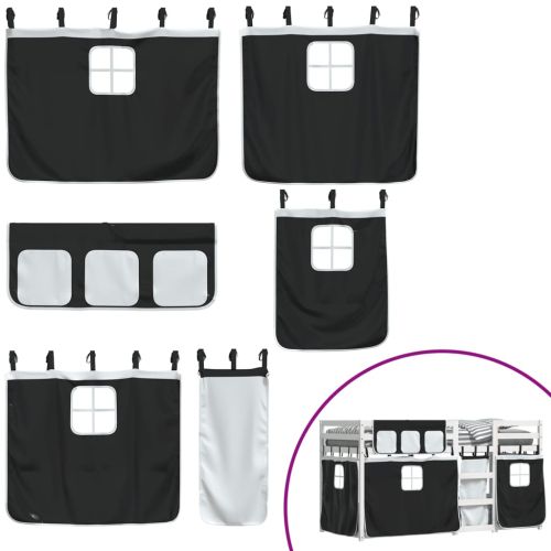 Двуетажно легло със завеси, бяло и черно, 90x200 см, бор масив