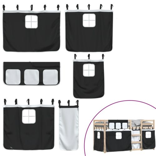 Двуетажно легло със завеси, бяло и черно, 90x190 см, бор масив