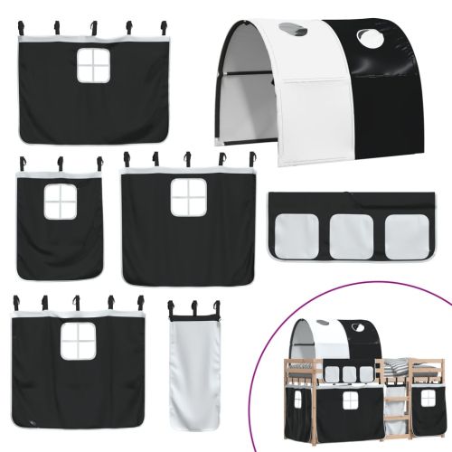 Двуетажно легло със завеси, бяло и черно, 90x200 см, бор масив