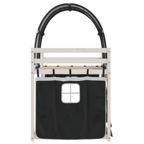 Двуетажно легло със завеси, бяло и черно, 90x200 см, бор масив