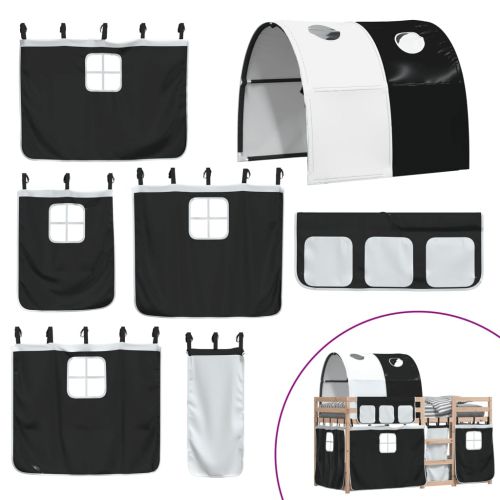 Двуетажно легло със завеси, бяло и черно, 90x190 см, бор масив