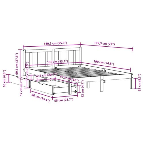 Рамка за легло без матрак, восъчнокафяво, 135x190 см, бор масив