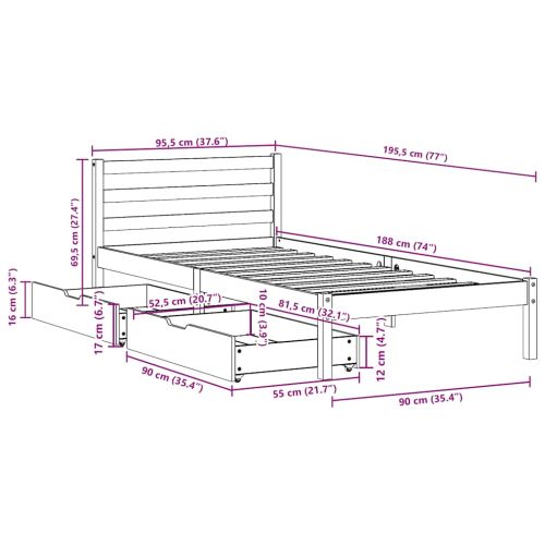 Рамка за легло без матрак, восъчнокафяв, 90x190 см, бор масив