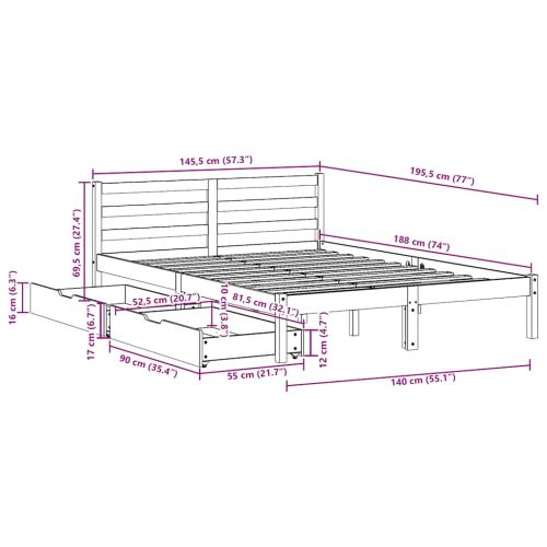 Рамка за легло без матрак, восъчнокафяв, 140x190 см, бор масив