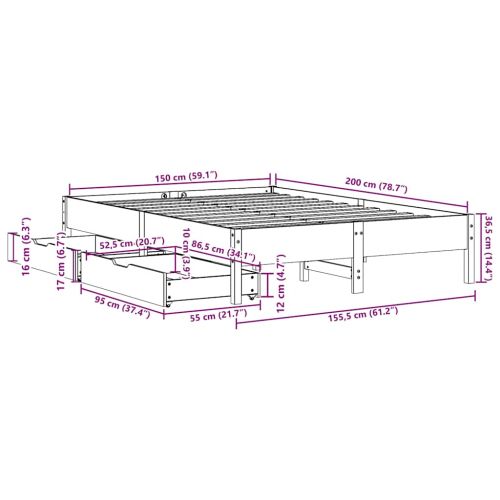 Рамка за легло без матрак, восъчнокафяв, 150x200 см, бор масив