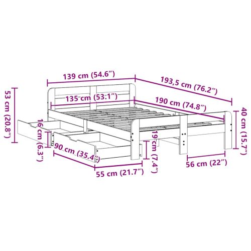 Рамка за легло без матрак, восъчнокафяво, 135x190 см, бор масив