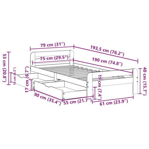 Рамка за легло без матрак, восъчнокафяв, 75x190 см, бор масив