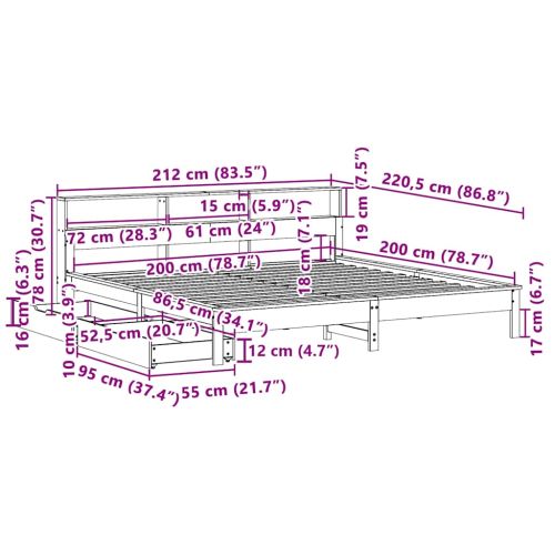 Легло с етажерка за книги, без матрак, 200x200 см, бор масив