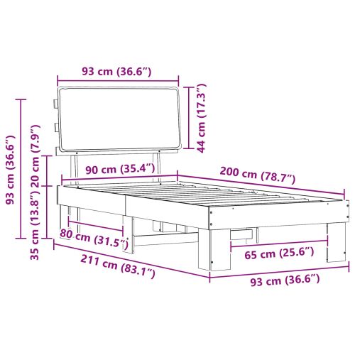 Леглова рамка с тапицирана гръбна част Светлосиво 90 x 200 cm