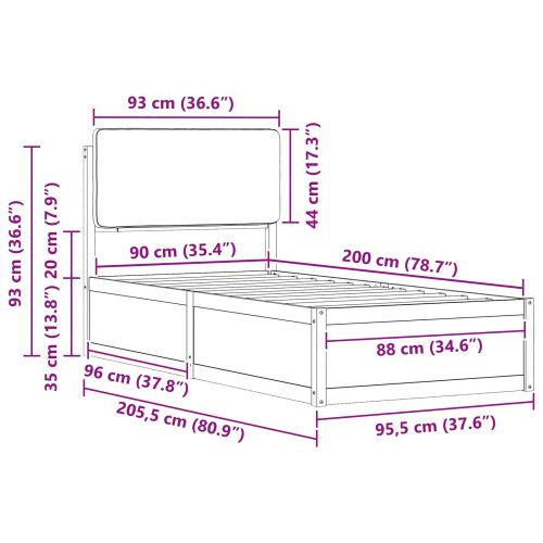 Леглова рамка с тапицирана гръбна част Светлосиво 90 x 200 cm