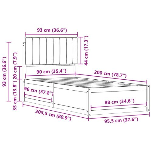 Леглова рамка с тапицирана гръбна част Тъмен сив 90 x 200 cm