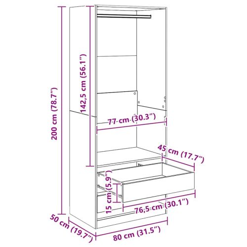 Гардероб с чекмедже Черния дъб 80 x 50 x 200 см Инженерно дърво
