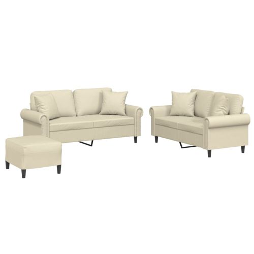 Комплект дивани от 3 части с възглавници кремав изкуствена кожа