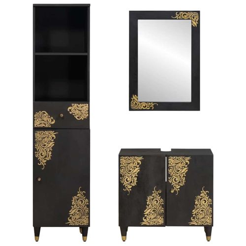 Комплект шкафове за баня 3 pcs Черно Солидно мангово дърво