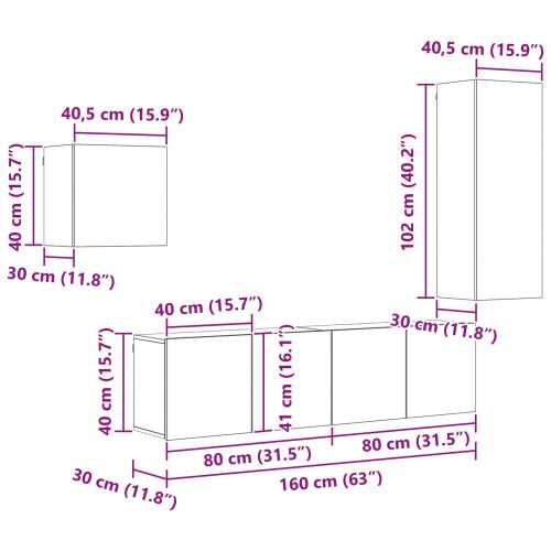 ТВ шкаф Монтиране на стена 4 pcs Старо дърво Инженерно дърво