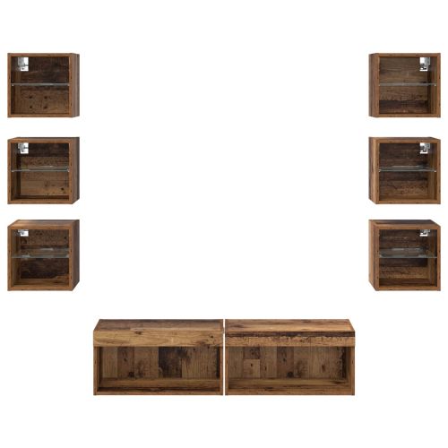 ТВ шкаф С LED лентисти светлини 8 pcs Старо дърво Стъкло