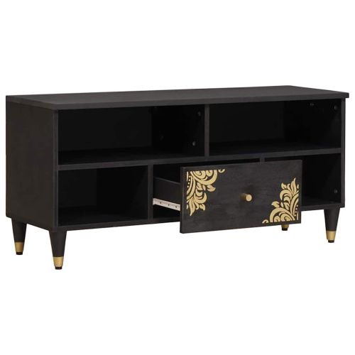 ТВ шкаф с чекмедже Черно 100 x 33 x 46 см Солидно мангово дърво