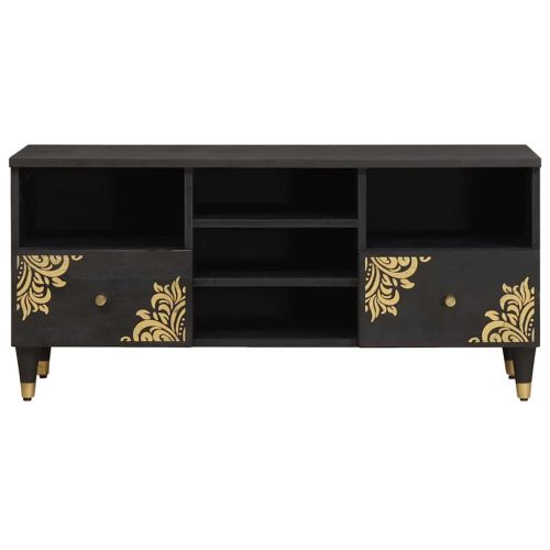 ТВ шкаф с чекмедже Черно 100 x 33 x 46 см Солидно мангово дърво
