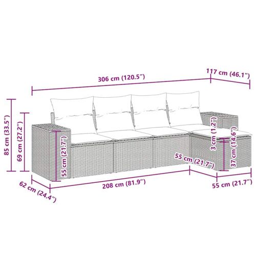 Градински комплект с възглавници, 5 части, черен полиратан