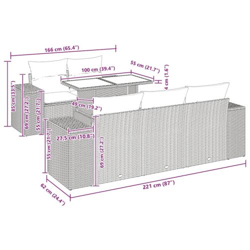Градински диван с възглавници, 6 части, черен полиратан, акация