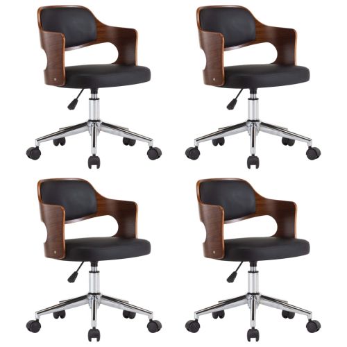 Въртящи се трапезни столове 4 бр черни извито дърво и еко кожа