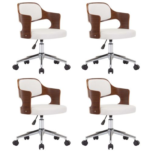 Въртящи трапезни столове 4 бр бели извито дърво/изкуствена кожа