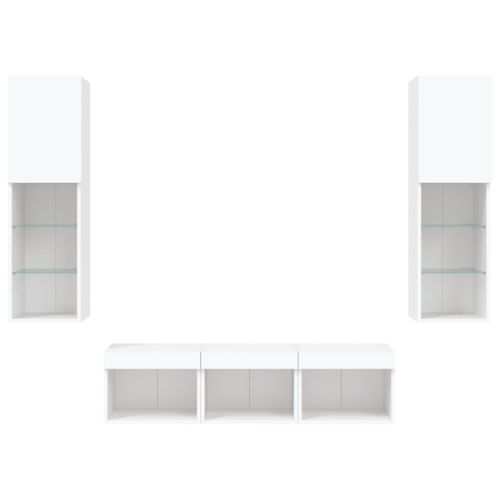 ТВ стенни модули с LED, 5 части, бели, инженерно дърво