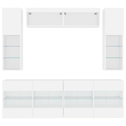 Комплект ТВ стенни шкафове, 6 части, с LED светлини, бели