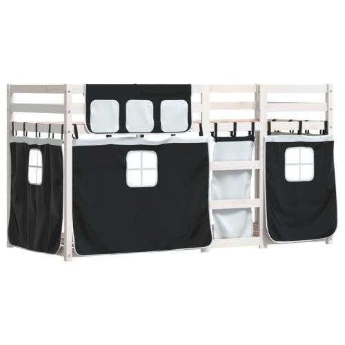 Двуетажно легло със завеси, бяло и черно, 90x190 см, бор масив