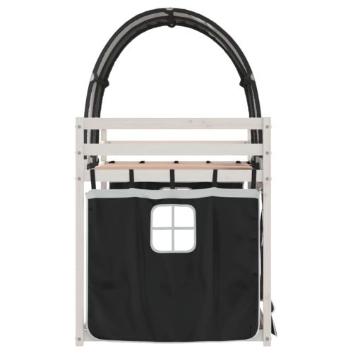 Двуетажно легло със завеси, бяло и черно, 90x190 см, бор масив