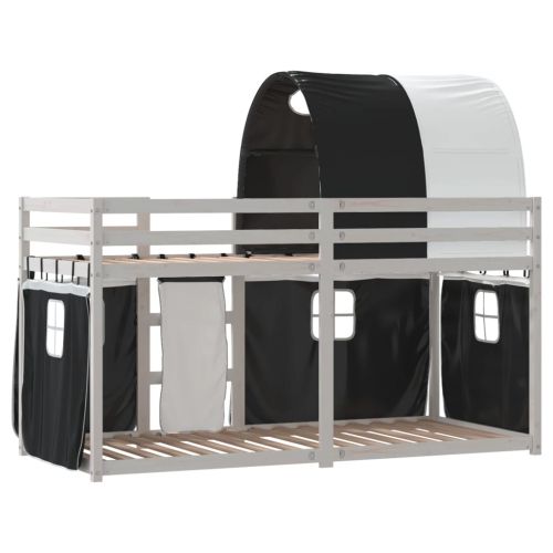 Двуетажно легло със завеси, бяло и черно, 90x190 см, бор масив