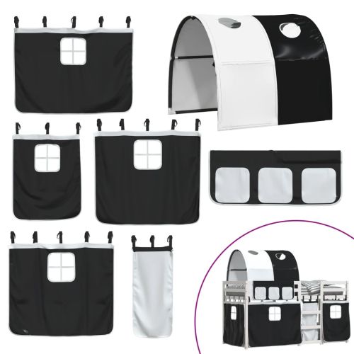 Двуетажно легло със завеси, бяло и черно, 90x190 см, бор масив