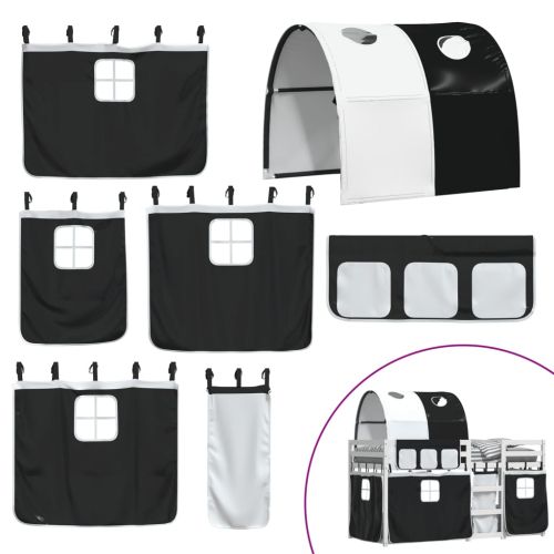 Двуетажно легло със завеси, бяло и черно, 90x190 см, бор масив