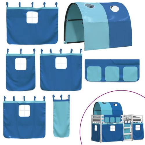 Двуетажно легло със завеси синьо 90x190 см масивно борово дърво