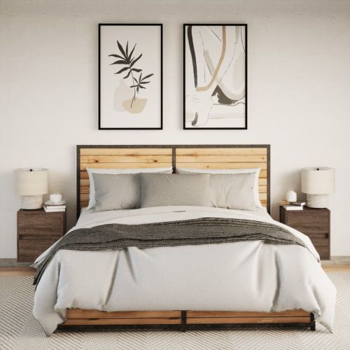 Нощни шкафчета за стена с LED осветление, 2 бр, кафяв дъб