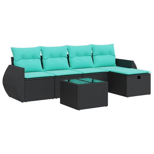 Градински диван с възглавници, 6 части, черен, полиратан