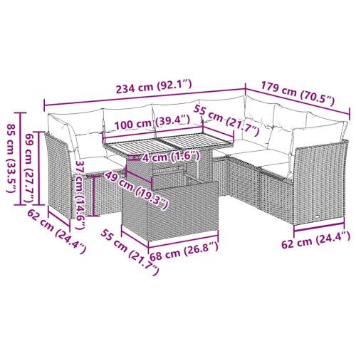 Градински диван с възглавници, 7 части, полиратан, сив