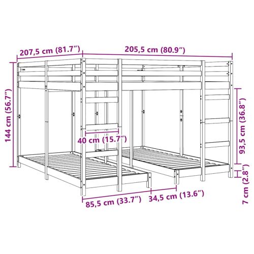 Рамка за тройно двуетажно легло Естествен 80 / 200 x 200 см