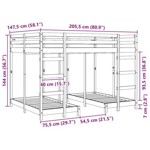 Рамка за тройно двуетажно легло Кафяво 140 x 200 cm