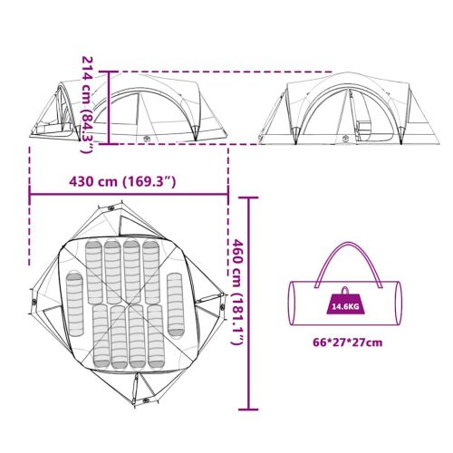 Семейна палатка с покрив Зелен и сив 460 x 430 x 214 см